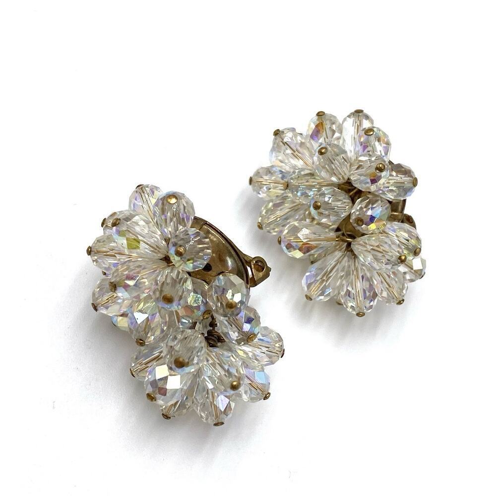 AB Crystals Cluster Dangles Gold Tone Clips Clip Ons Vintage